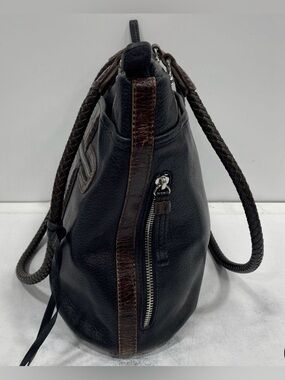 Brighton, Shoulder Bag Black Brown Croc Embossed Leather Braided Strap, EUC